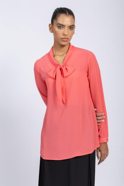 BASIC EVERYDAY SILKY CRINKELD CREPE CHIFFON BLOUSE WITH A BOW COLLAR