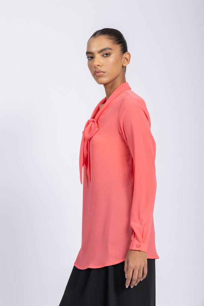 BASIC EVERYDAY SILKY CRINKELD CREPE CHIFFON BLOUSE WITH A BOW COLLAR