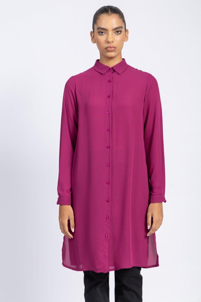 BASIC LONG CREPE CHIFFON SHIRT WITH HIDDEN PLACKET AND SIDE SLITS