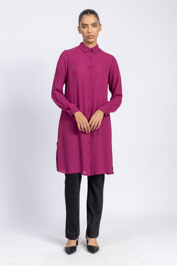 BASIC LONG CREPE CHIFFON SHIRT WITH HIDDEN PLACKET AND SIDE SLITS