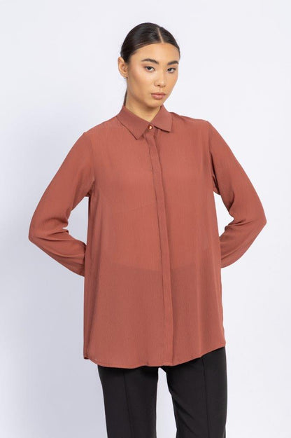 BASIC CRINKLED CHIFFON SHIRT WITH HIDDEN PLACKET