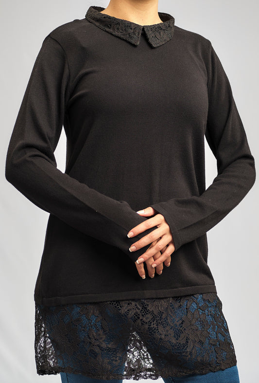 Black 2 In 1 Cashmere Feel Cotton Knitwear Blouse With A Luxurious Lace Collar And Cuffs